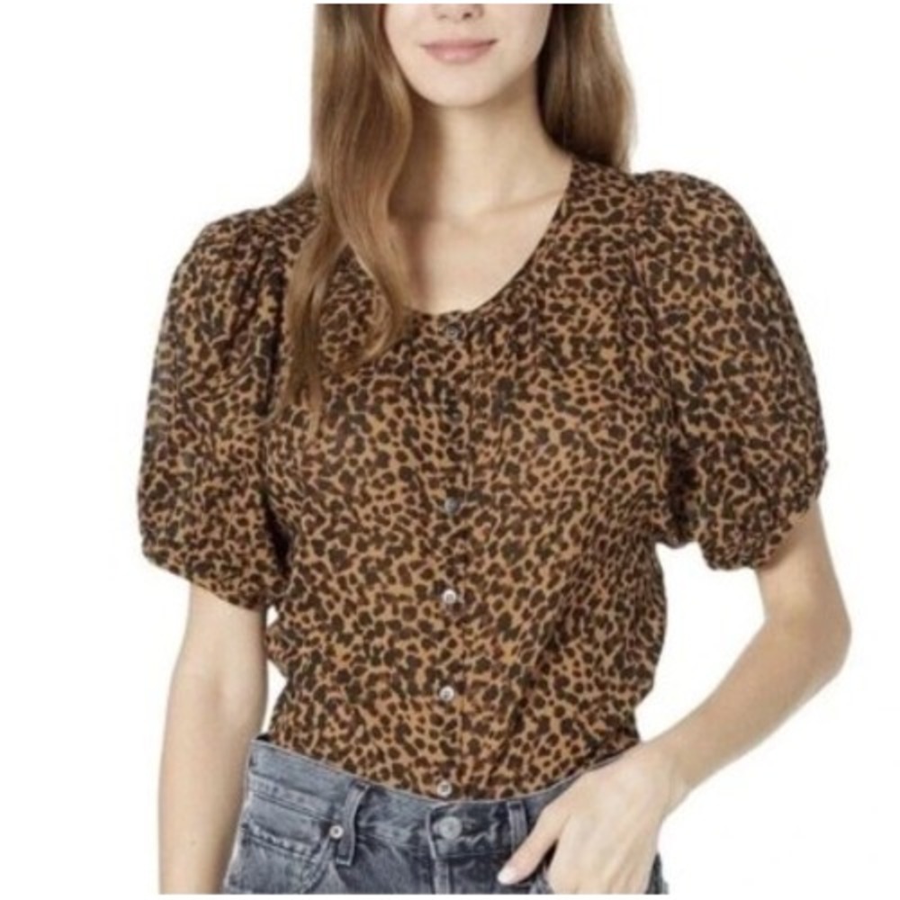Madewell Leopard Print‎ Puff Sleeve Button Front Cotton Blouse Brown Black L